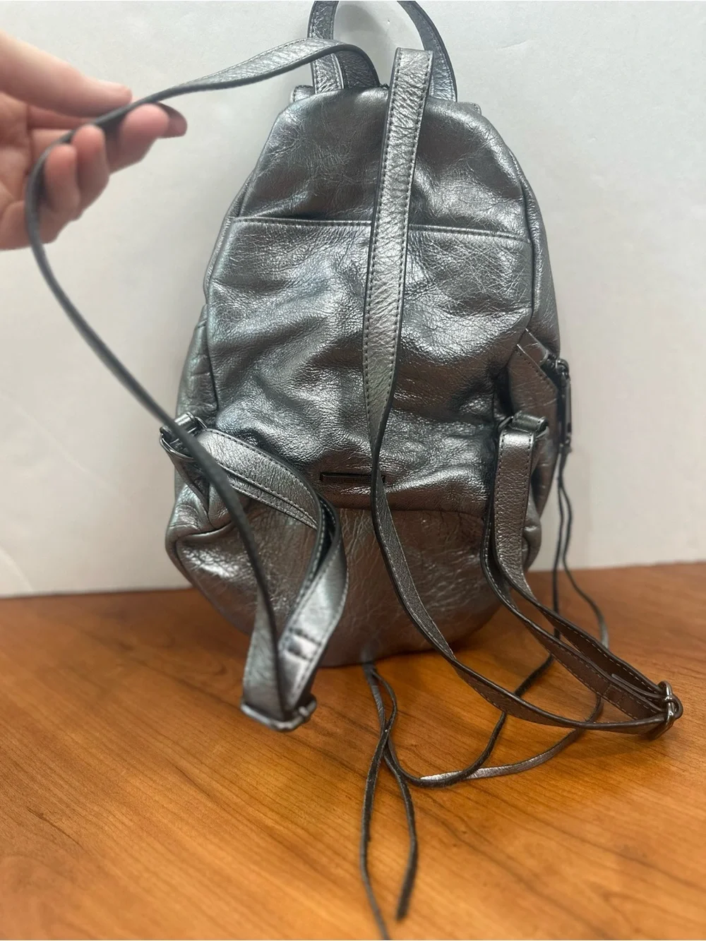 Rebecca Minkoff Mini Julian Silver Metallic Leather Backpack Sling Bag